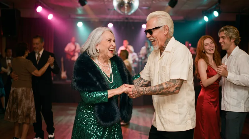 Doña Cata y Don Teo bailan danzón; atrás bailan Flayla y Klaus