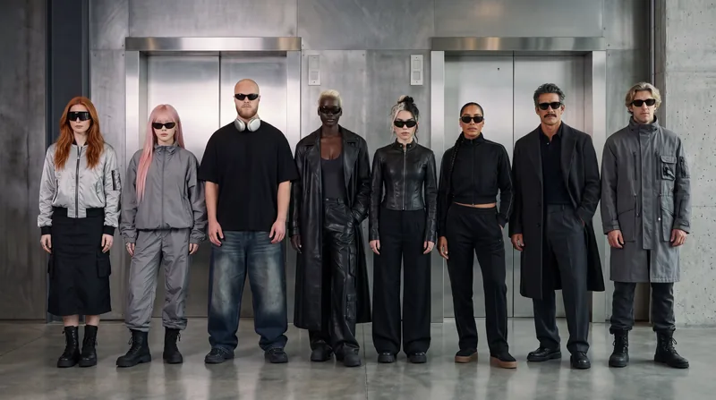 Ocho modelos de negro y gris frente a unos elevadores de acero