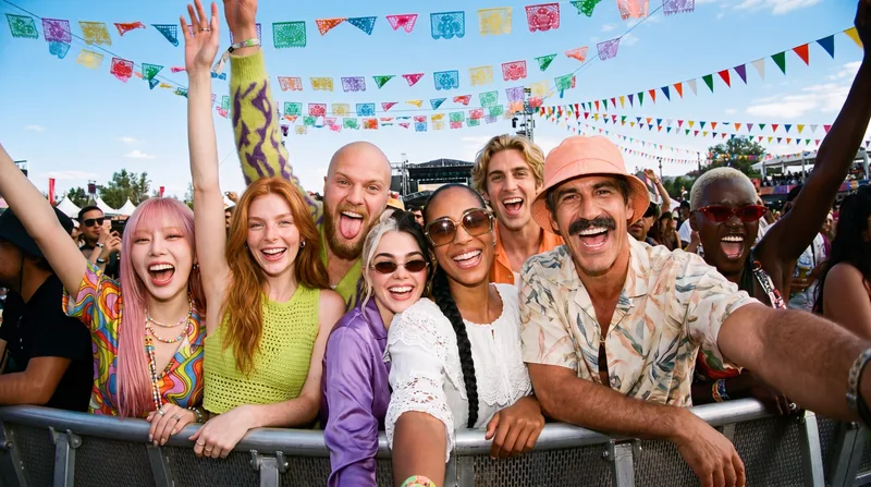 Ocho amigos se toman una selfie en un festival con papel picado