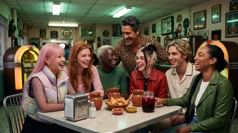 Siete amigos se ríen en una lonchería retro con jarritos de jamaica