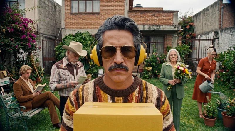 Rafael con audífonos y lentes de aviador; atrás Don Teo, Doña Cata, Odeza y Klaus en un jardín