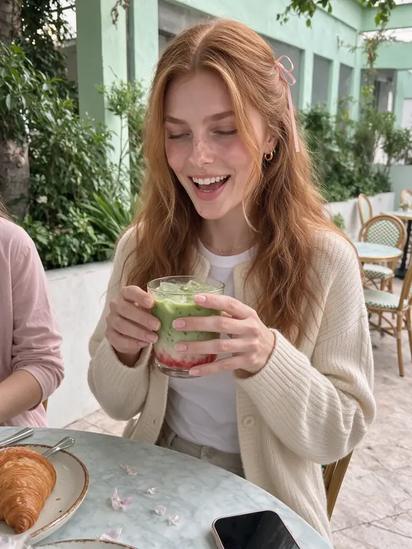Flayla ríe con un matcha en un café de la Roma