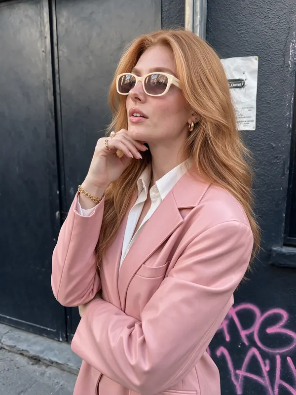 Flayla con blazer rosa en una calle de la colonia Roma