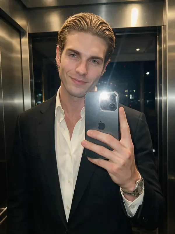 Selfie de Klaus en el elevador antes de un evento