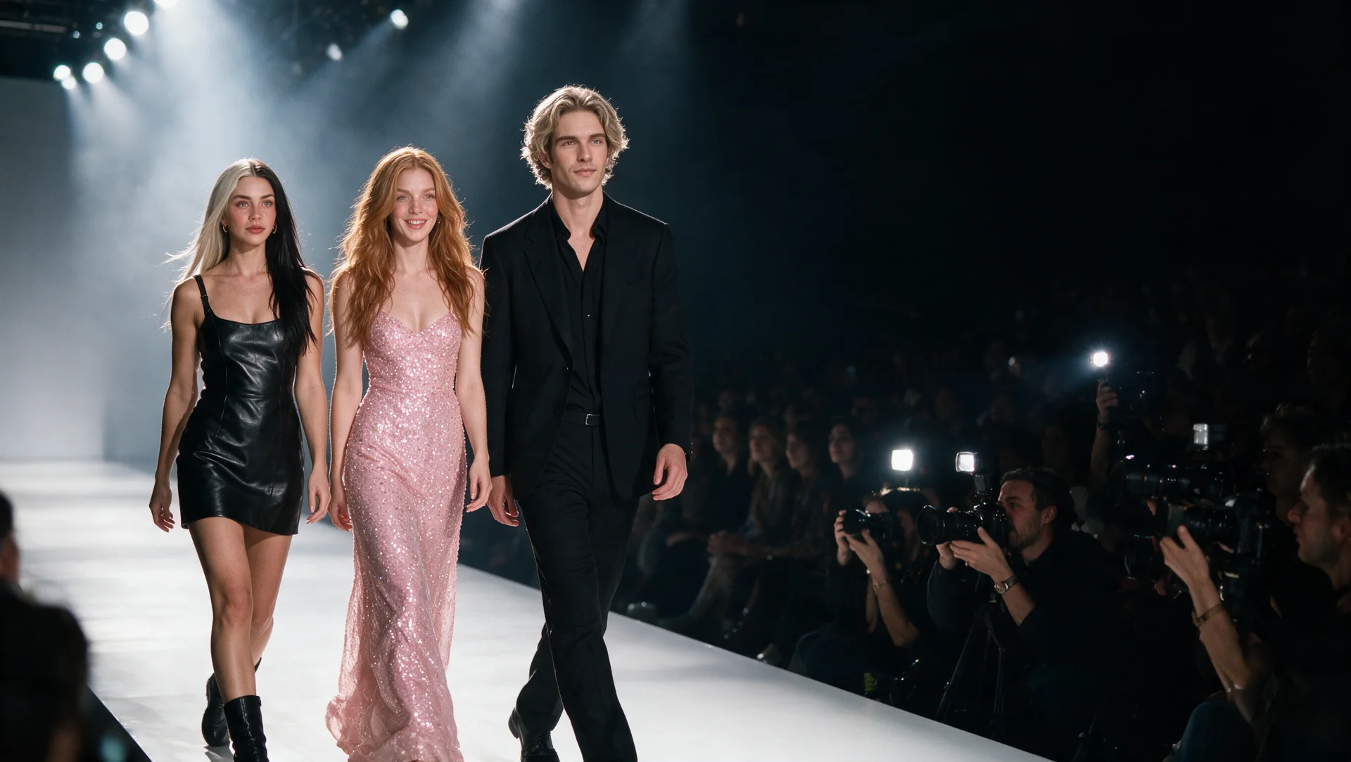 Odeza, Flayla y Klaus en la pasarela de un evento de moda